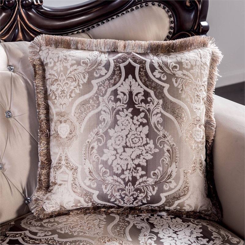 Bowery Hill Beige Tufted Fabric Sofa in Dark Cherry Finish
