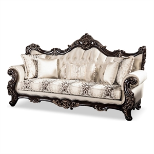 Bowery Hill Beige Tufted Fabric Sofa in Dark Cherry Finish