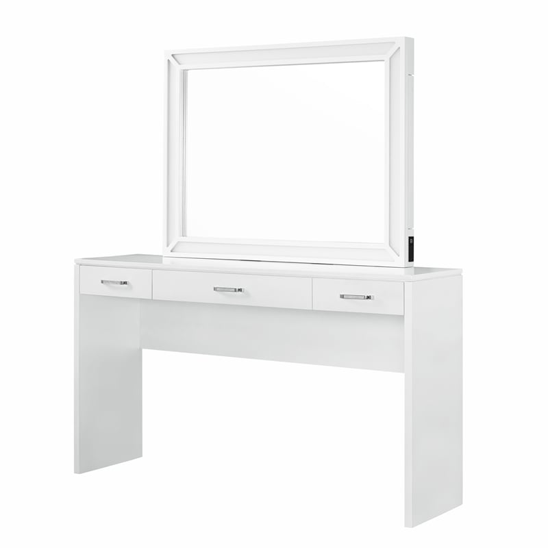Bowery Hill White Wood Vanity Table Set with LED Lights and Mirror