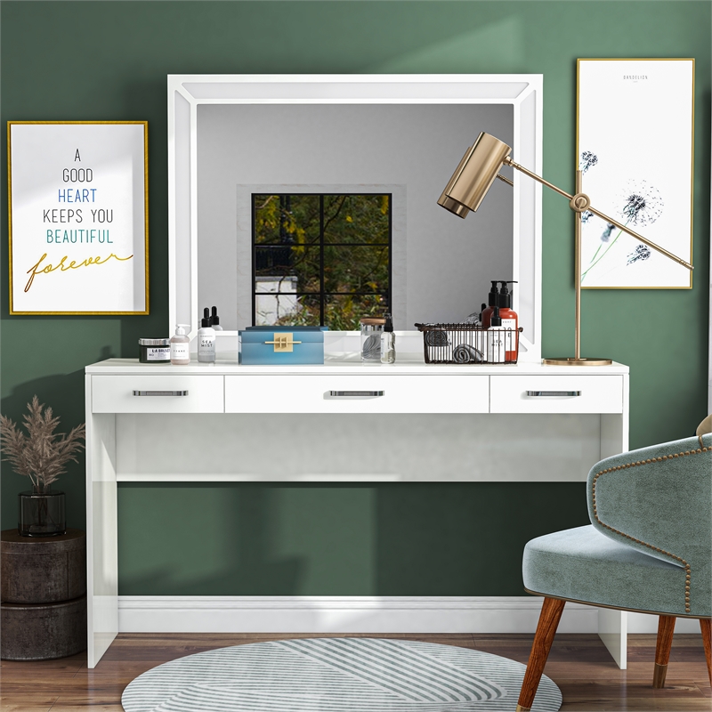 Bowery Hill White Wood Vanity Table Set with LED Lights and Mirror