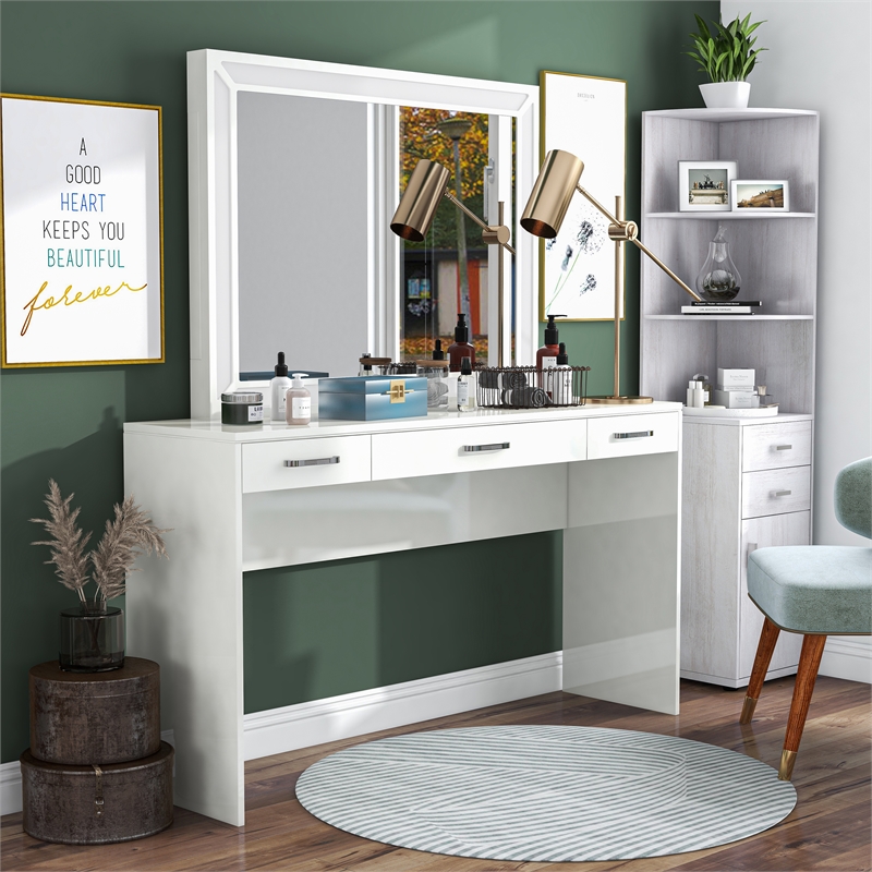 Bowery Hill White Wood Vanity Table Set with LED Lights and Mirror