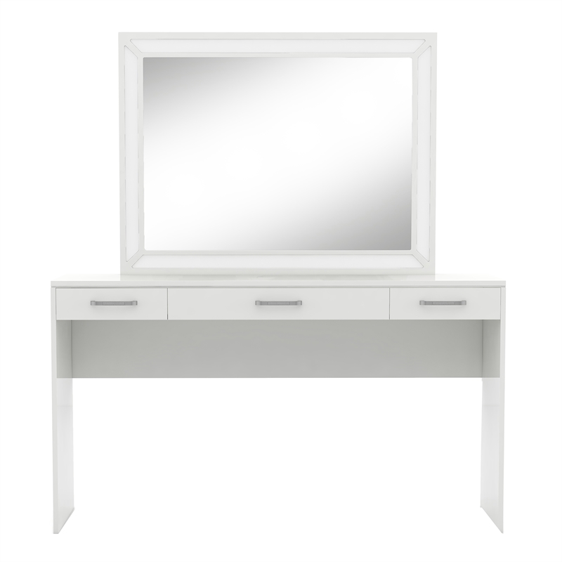 Bowery Hill White Wood Vanity Table Set with LED Lights and Mirror