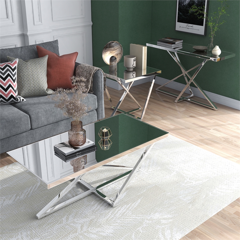 Bowery Hill Metal 3-Piece Coffee Table Set in Chrome