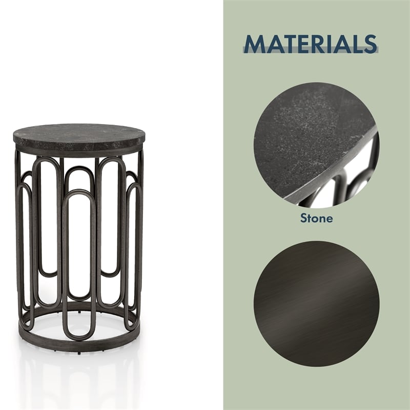 Bowery Hill Round Stone and Black Iron End Table