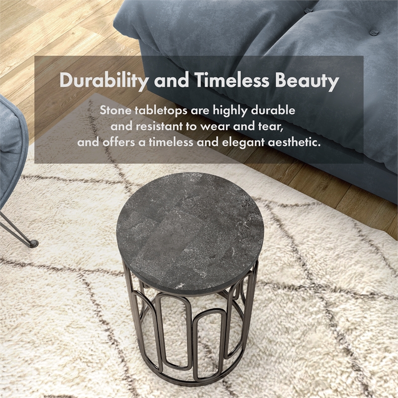 Bowery Hill Round Stone and Black Iron End Table