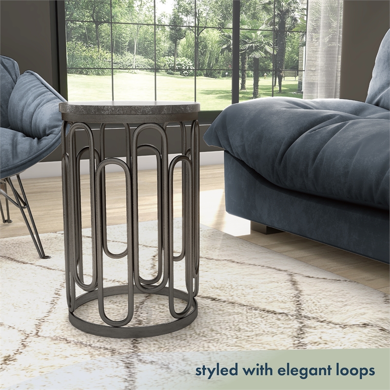 Bowery Hill Round Stone and Black Iron End Table