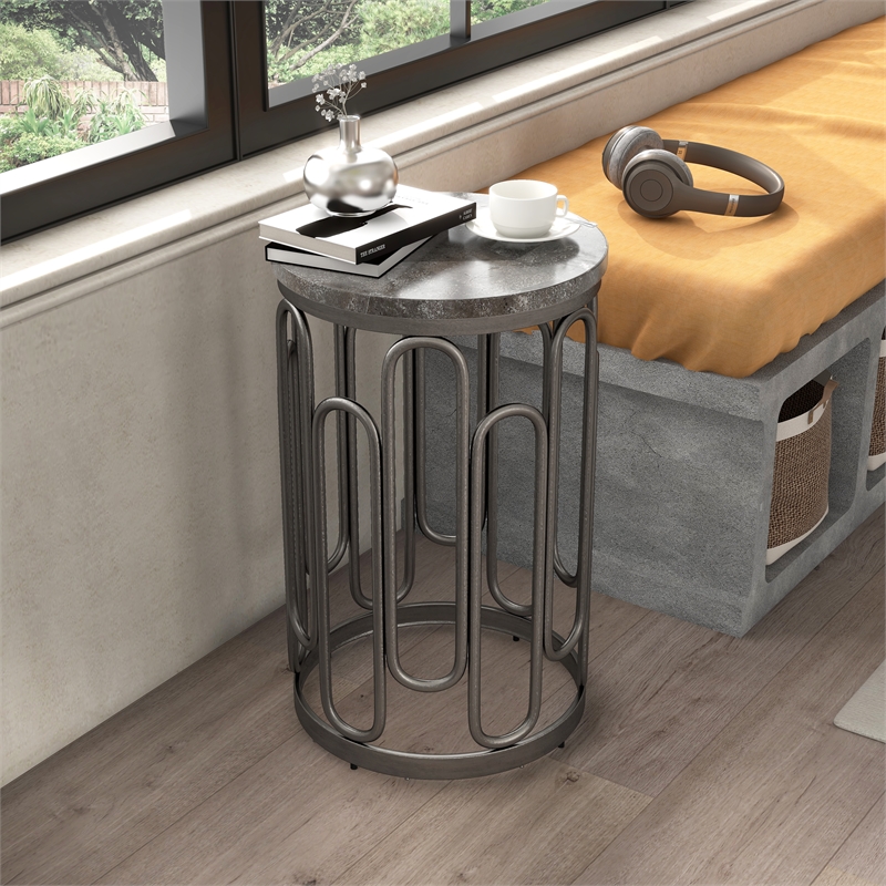 Bowery Hill Round Stone and Black Iron End Table