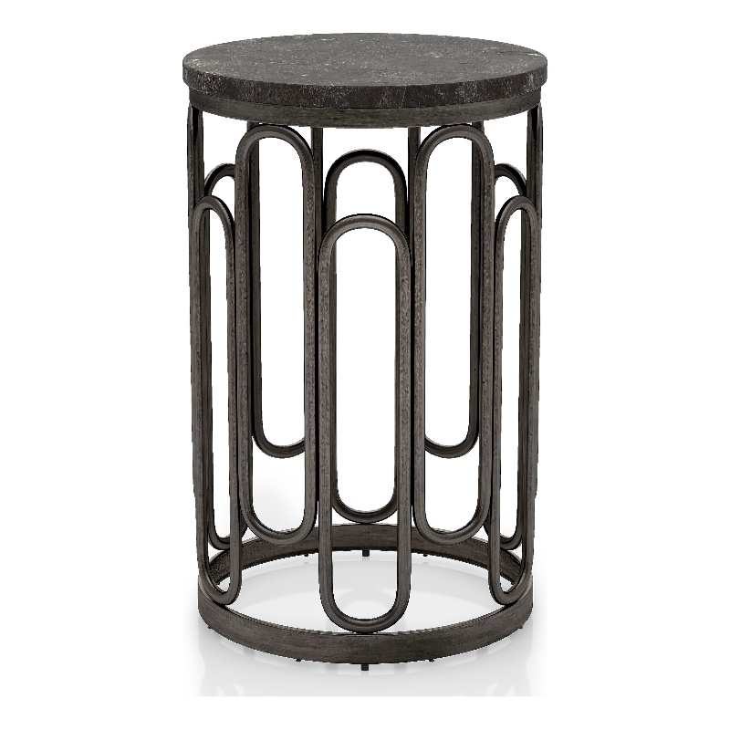 Bowery Hill Round Stone and Black Iron End Table