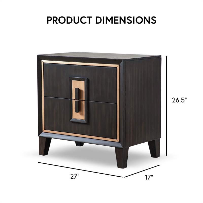 Bowery Hill 2-Drawer Solid Wood Nightstand in Espresso with Gold Trim