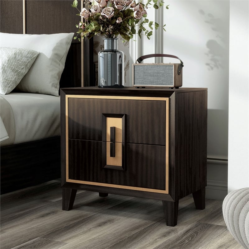 Bowery Hill 2-Drawer Solid Wood Nightstand in Espresso with Gold Trim