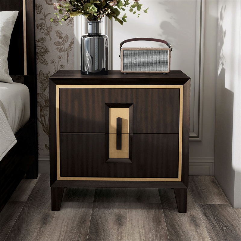 Bowery Hill 2-Drawer Solid Wood Nightstand in Espresso with Gold Trim