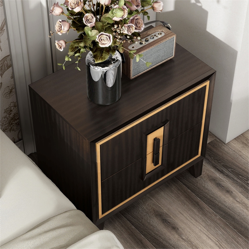 Bowery Hill 2-Drawer Solid Wood Nightstand in Espresso with Gold Trim