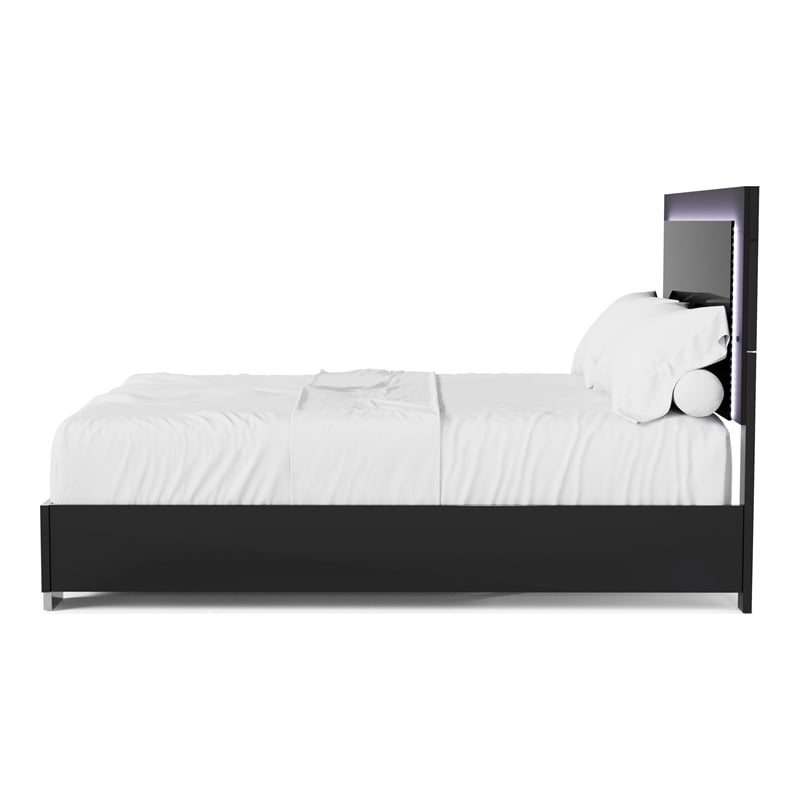 Bowery Hill Piano Black Queen Bed with LED Lighting and Chrome Legs