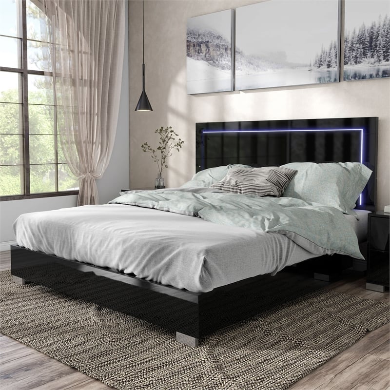Bowery Hill Piano Black Queen Bed with LED Lighting and Chrome Legs