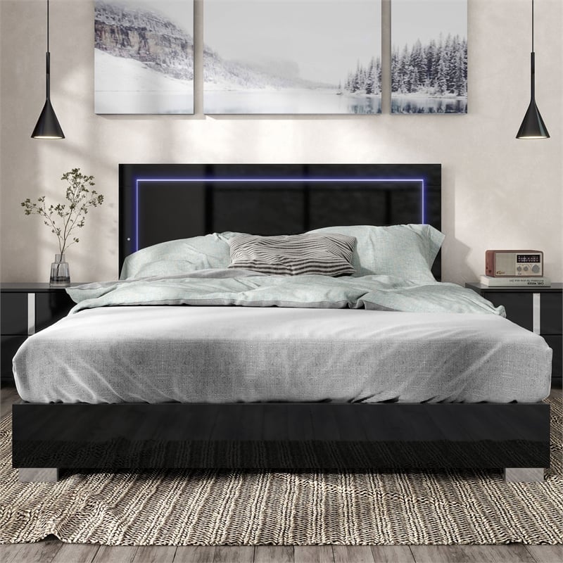 Bowery Hill Piano Black Queen Bed with LED Lighting and Chrome Legs