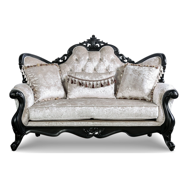 Bowery Hill Solid Wood Button Tufted Loveseat in Black with Carved Details