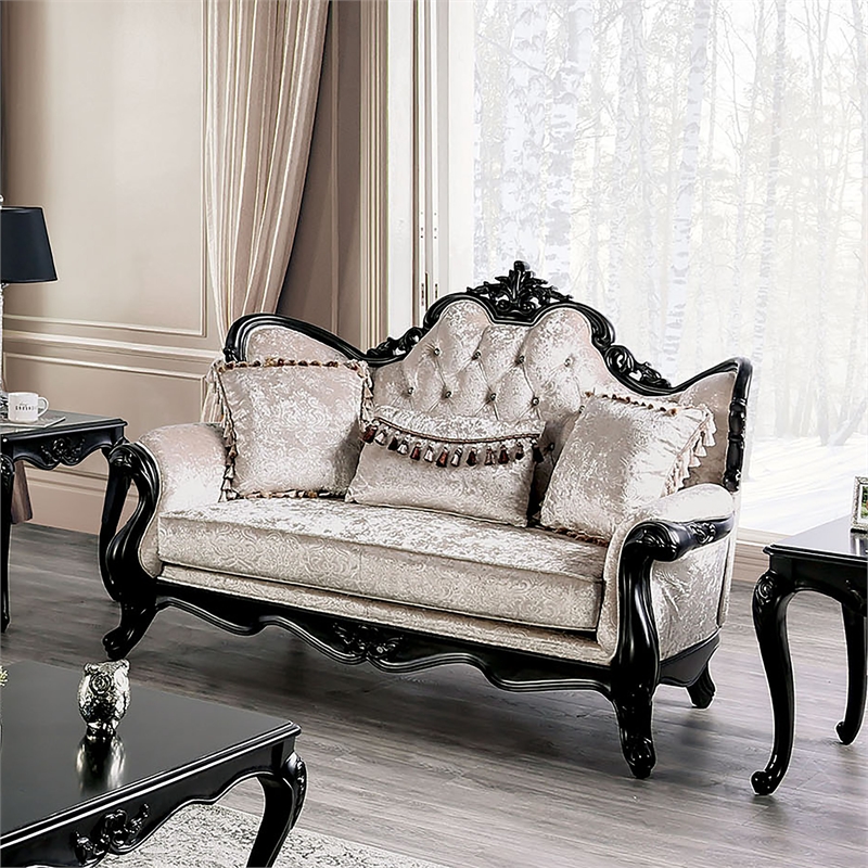 Bowery Hill Solid Wood Button Tufted Loveseat in Black with Carved Details