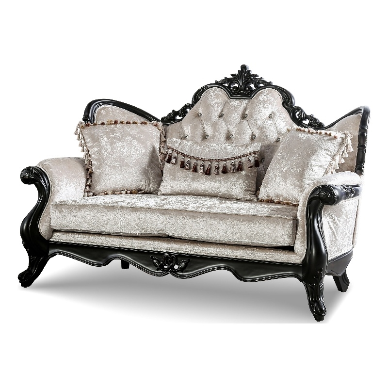 Bowery Hill Solid Wood Button Tufted Loveseat in Black with Carved Details