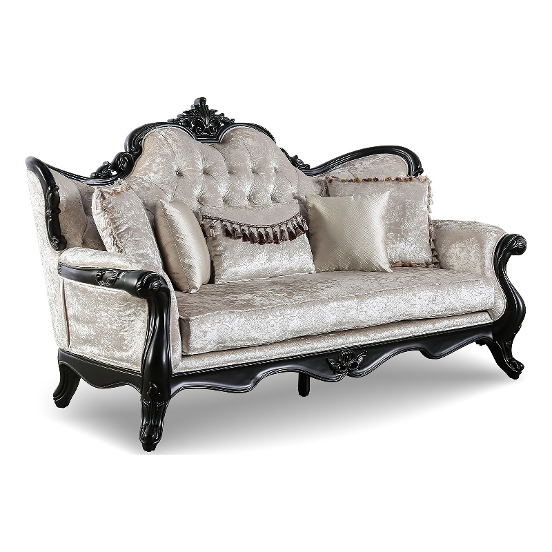 Bowery Hill Solid Wood Button Tufted Sofa in Black with Pillows