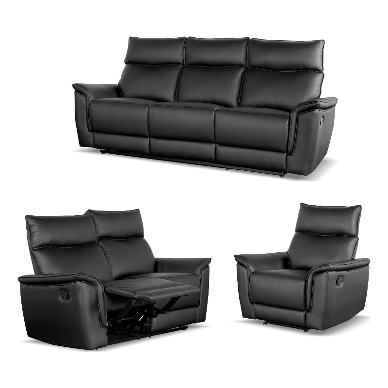 Bowery Hill 3-Piece Leather Reclining Sofa Set in Black