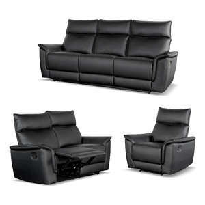 Bowery Hill 3-Piece Leather Reclining Sofa Set in Black