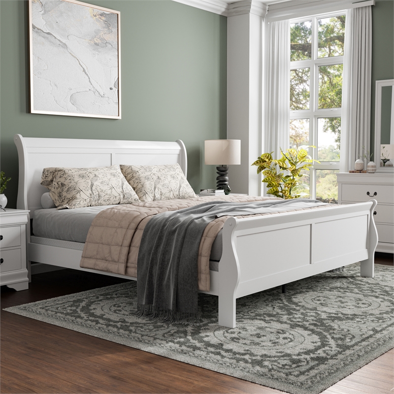 Bowery Hill Wood Sleigh King Panel Bed in White Louis Philippe Style