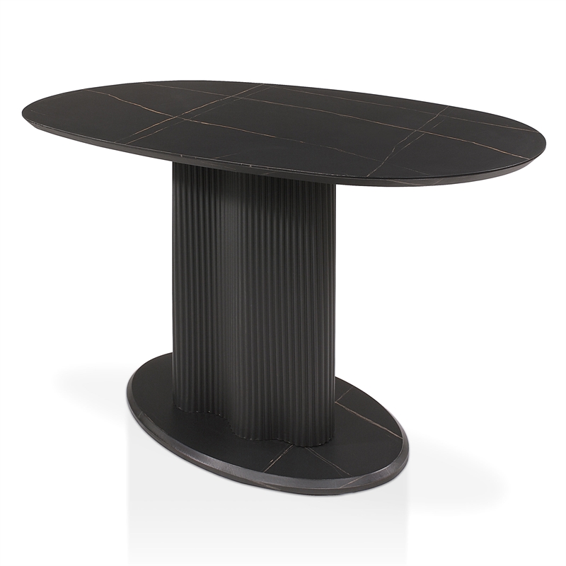 Bowery Hill Modern Pedestal Dining Table in Black and Faux Marble
