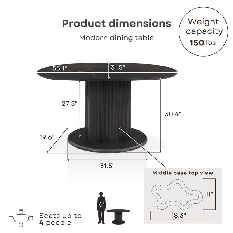 Bowery Hill Modern Pedestal Dining Table in Black and Faux Marble
