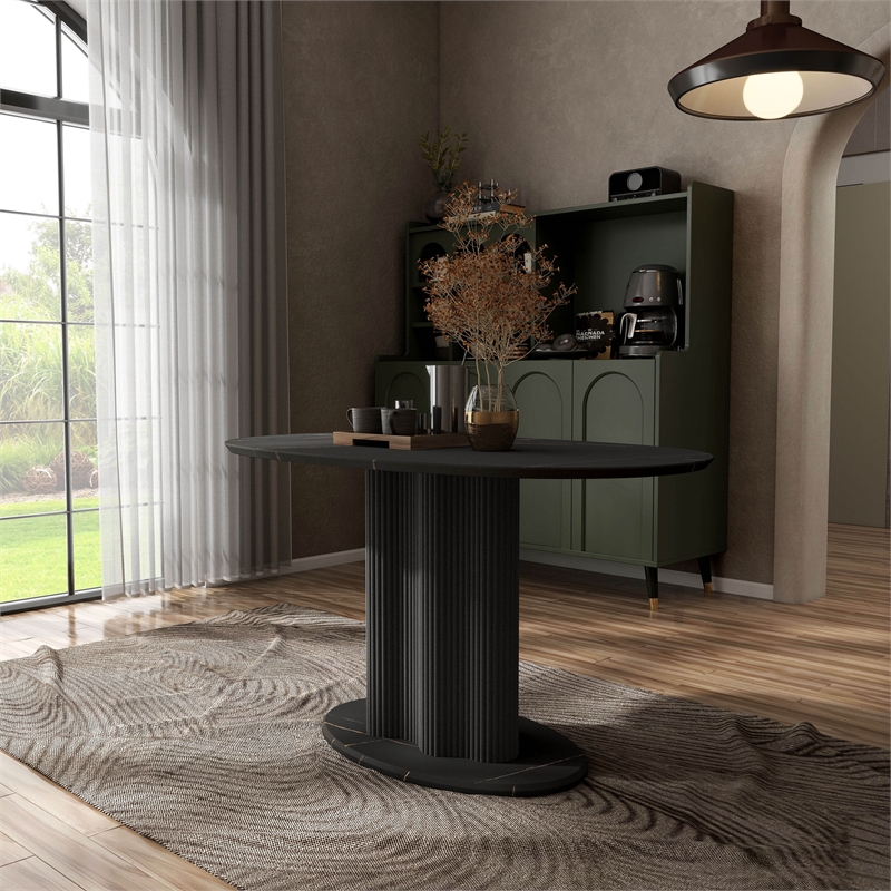 Bowery Hill Modern Pedestal Dining Table in Black and Faux Marble