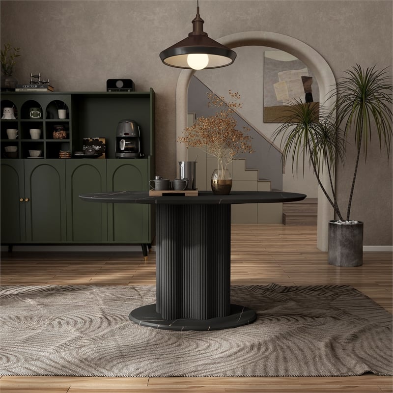 Bowery Hill Modern Pedestal Dining Table in Black and Faux Marble