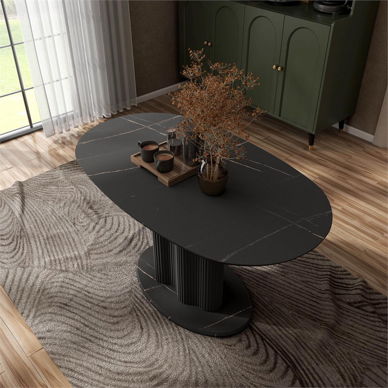 Bowery Hill Modern Pedestal Dining Table in Black and Faux Marble