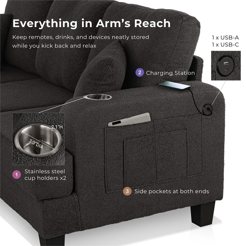 Bowery Hill Dark Gray Boucle Sofa with Cup Holders and USB Ports