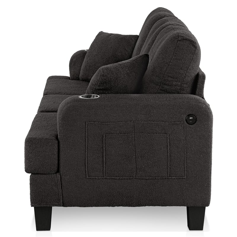 Bowery Hill Dark Gray Boucle Sofa with Cup Holders and USB Ports