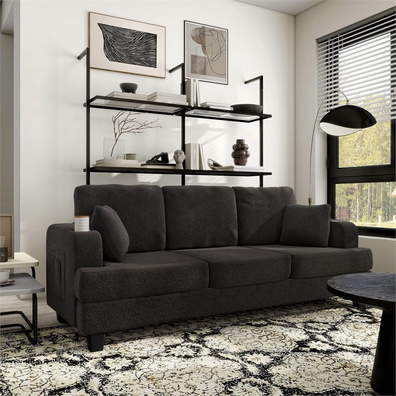 Bowery Hill Dark Gray Boucle Sofa with Cup Holders and USB Ports