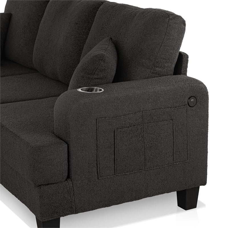 Bowery Hill Dark Gray Boucle Sofa with Cup Holders and USB Ports