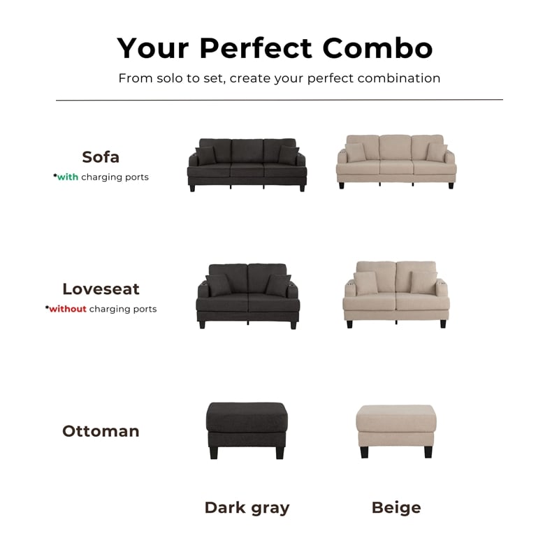 Bowery Hill Dark Gray Boucle Sofa with Cup Holders and USB Ports