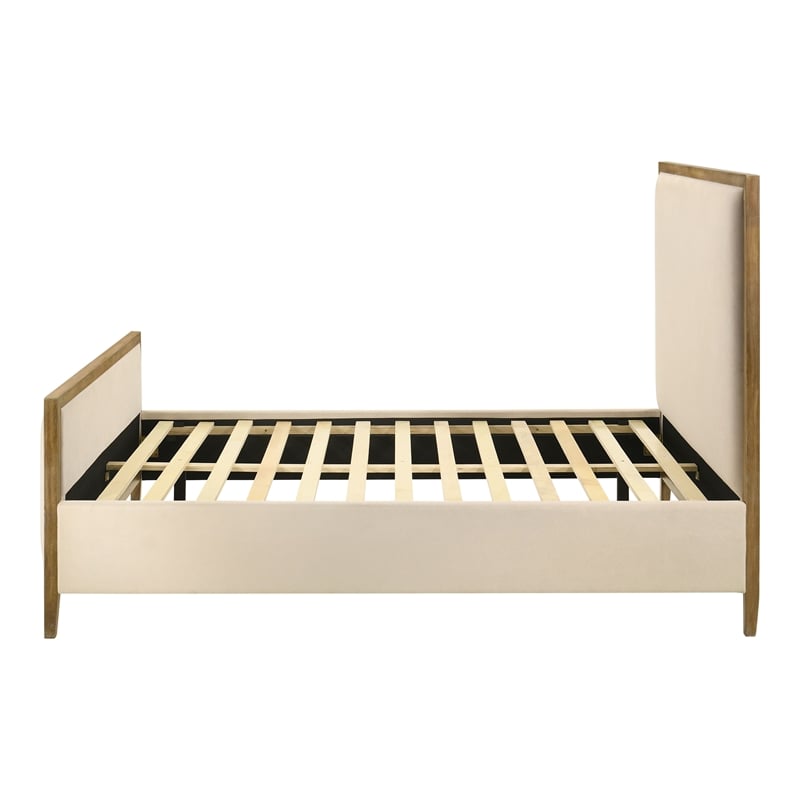 Bowery Hill King Panel Bed in Beige Fabric Upholstery with Oak Trim