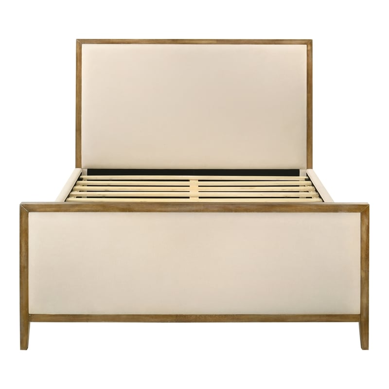 Bowery Hill King Panel Bed in Beige Fabric Upholstery with Oak Trim