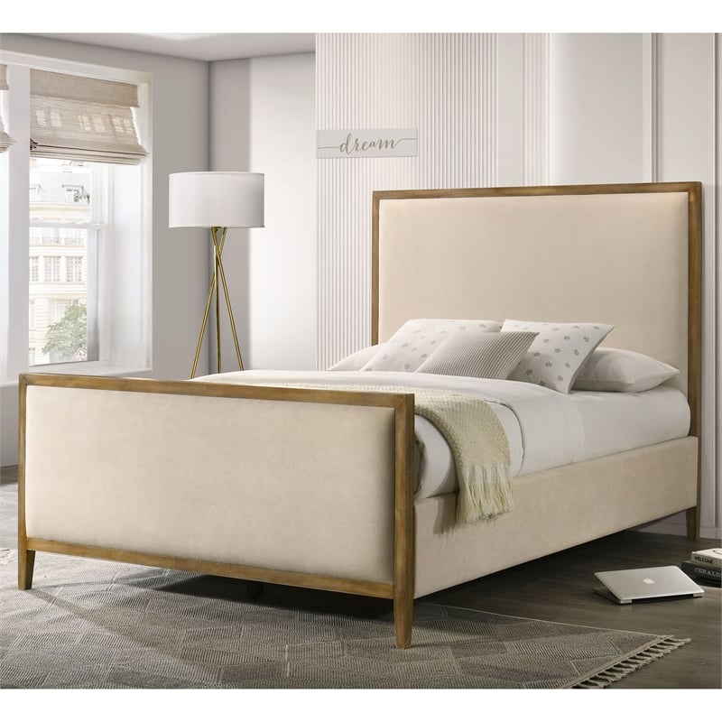 Bowery Hill King Panel Bed in Beige Fabric Upholstery with Oak Trim