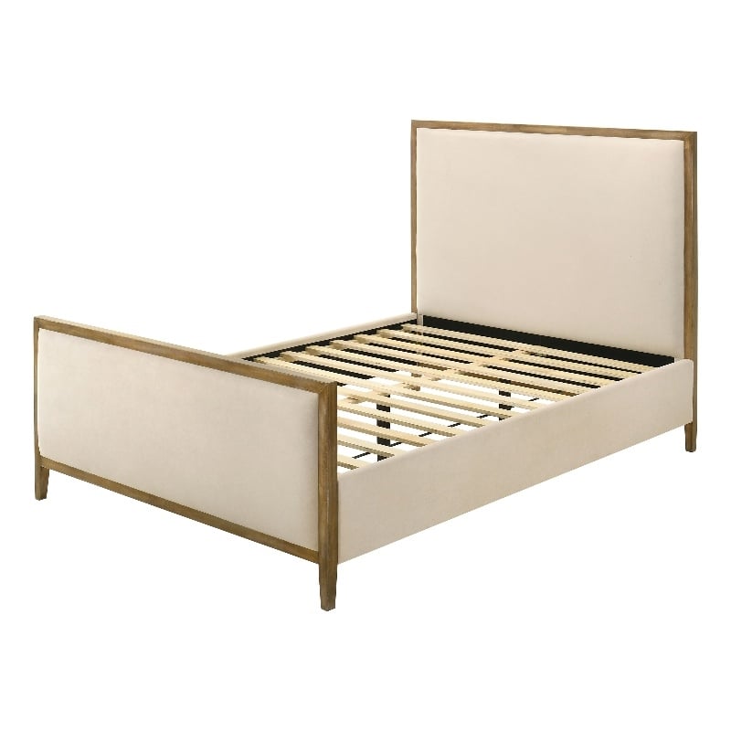 Bowery Hill King Panel Bed in Beige Fabric Upholstery with Oak Trim