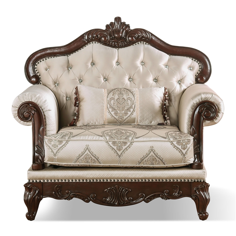 Bowery Hill Fabric Tufted Back Chair in Beige and Dark Cherry Finish