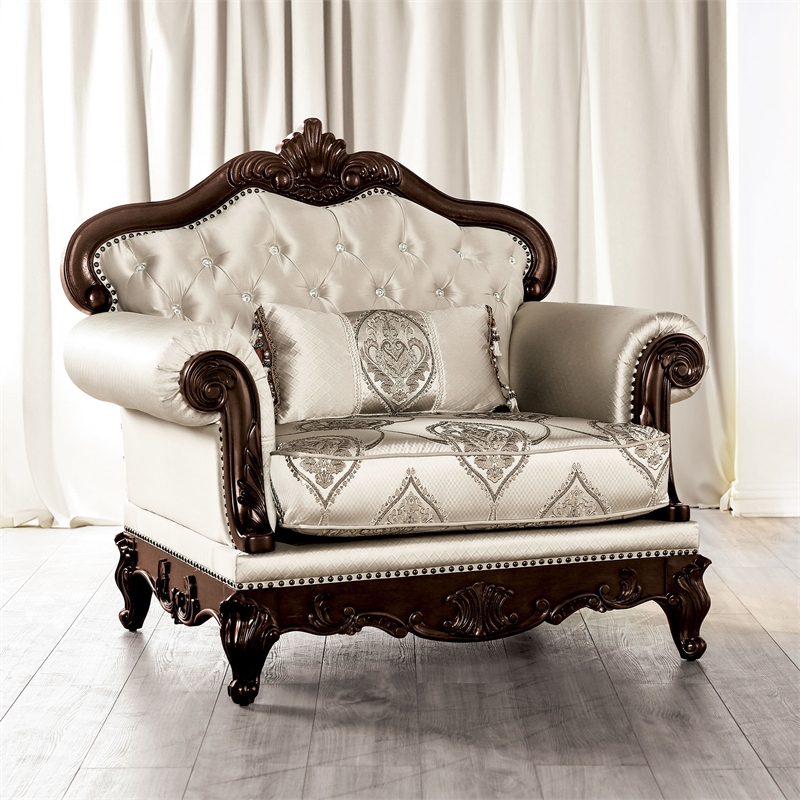 Bowery Hill Fabric Tufted Back Chair in Beige and Dark Cherry Finish