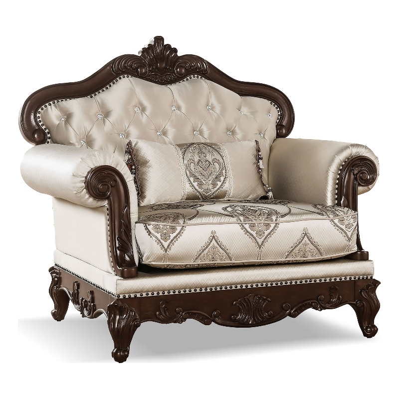 Bowery Hill Fabric Tufted Back Chair in Beige and Dark Cherry Finish
