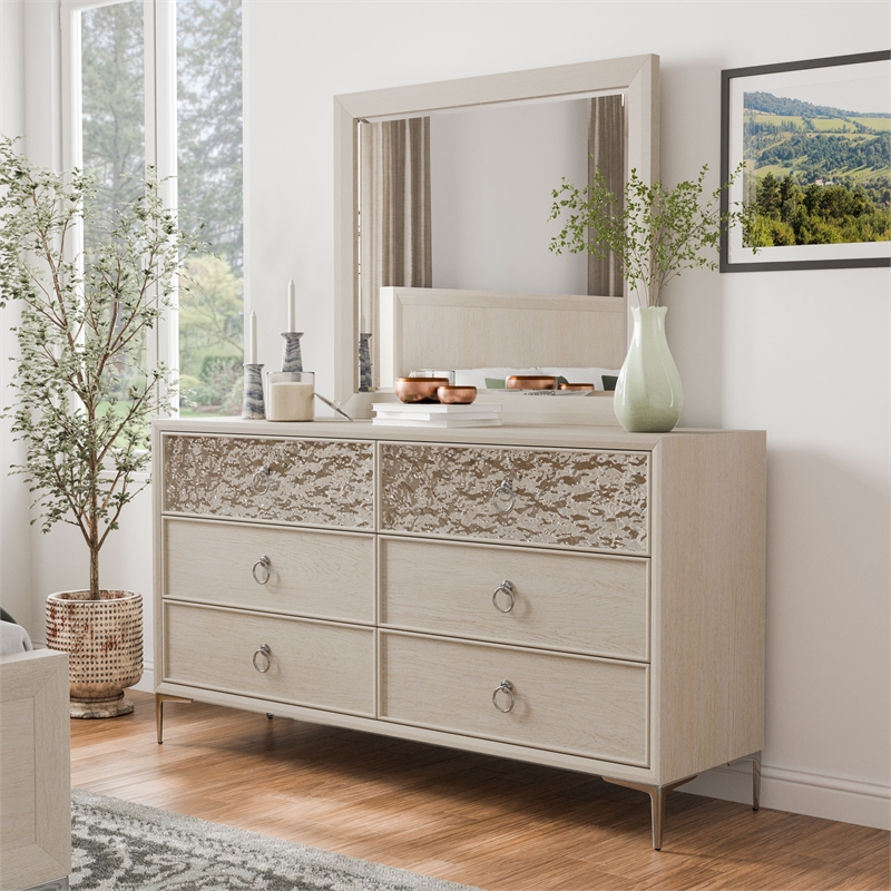 Bowery Hill Solid Wood 6-Drawer Dresser with Mirror in Natural Oak
