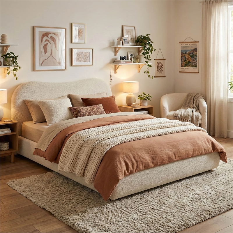 Bowery Hill Modern White Boucle Fabric Queen Platform Bed with Drawer