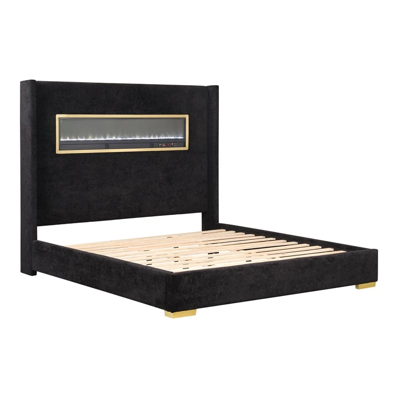 Bowery Hill Wood Queen Platform Bed with 3D Fireplace Headboard in Black