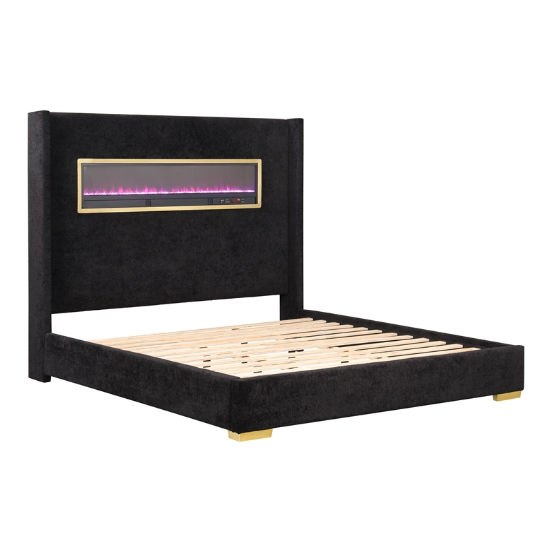Bowery Hill Wood Queen Platform Bed with 3D Fireplace Headboard in Black