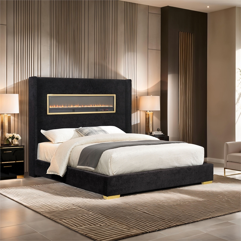 Bowery Hill Wood Queen Platform Bed with 3D Fireplace Headboard in Black