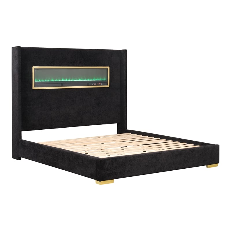 Bowery Hill Wood Queen Platform Bed with 3D Fireplace Headboard in Black