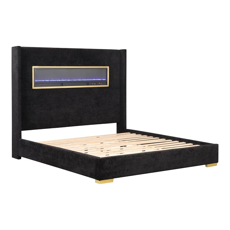 Bowery Hill Wood Queen Platform Bed with 3D Fireplace Headboard in Black